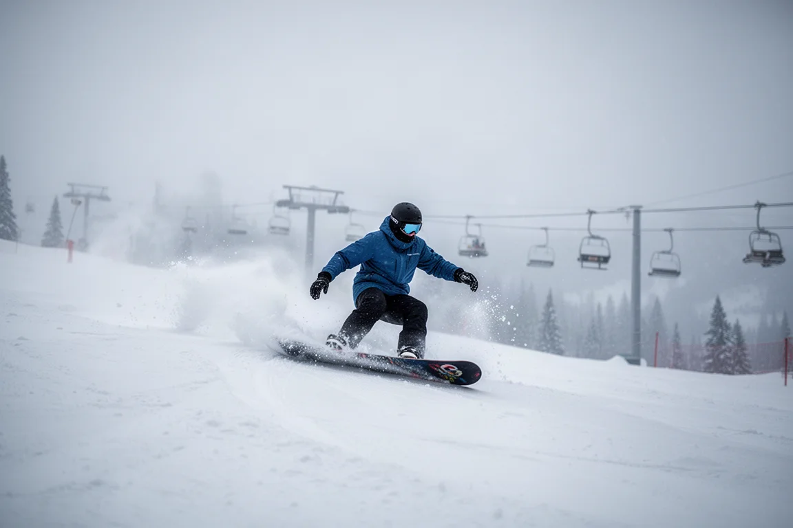 Snowboarder zieht eine geschnittene Kurve über eine präparierte Piste an einem kalten, bedeckten Tag