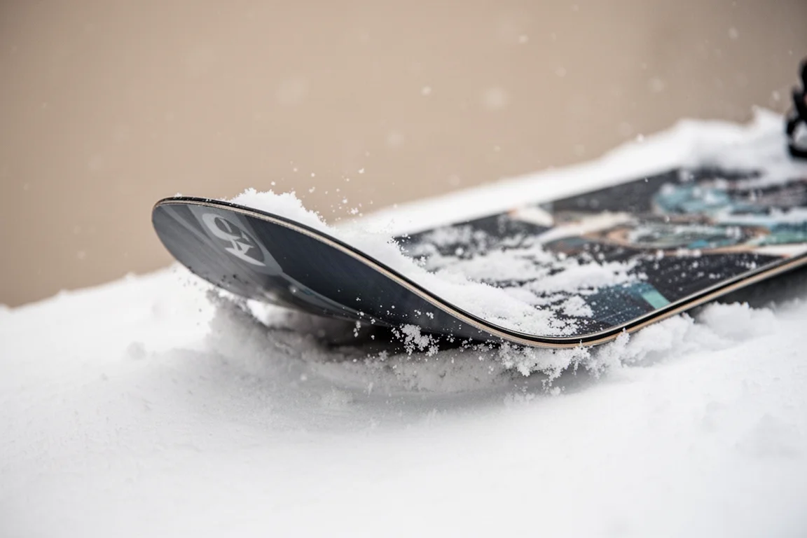 Nahaufnahme eines Snowboard-Tips, der sich bei einem Butter Press in den Schnee biegt