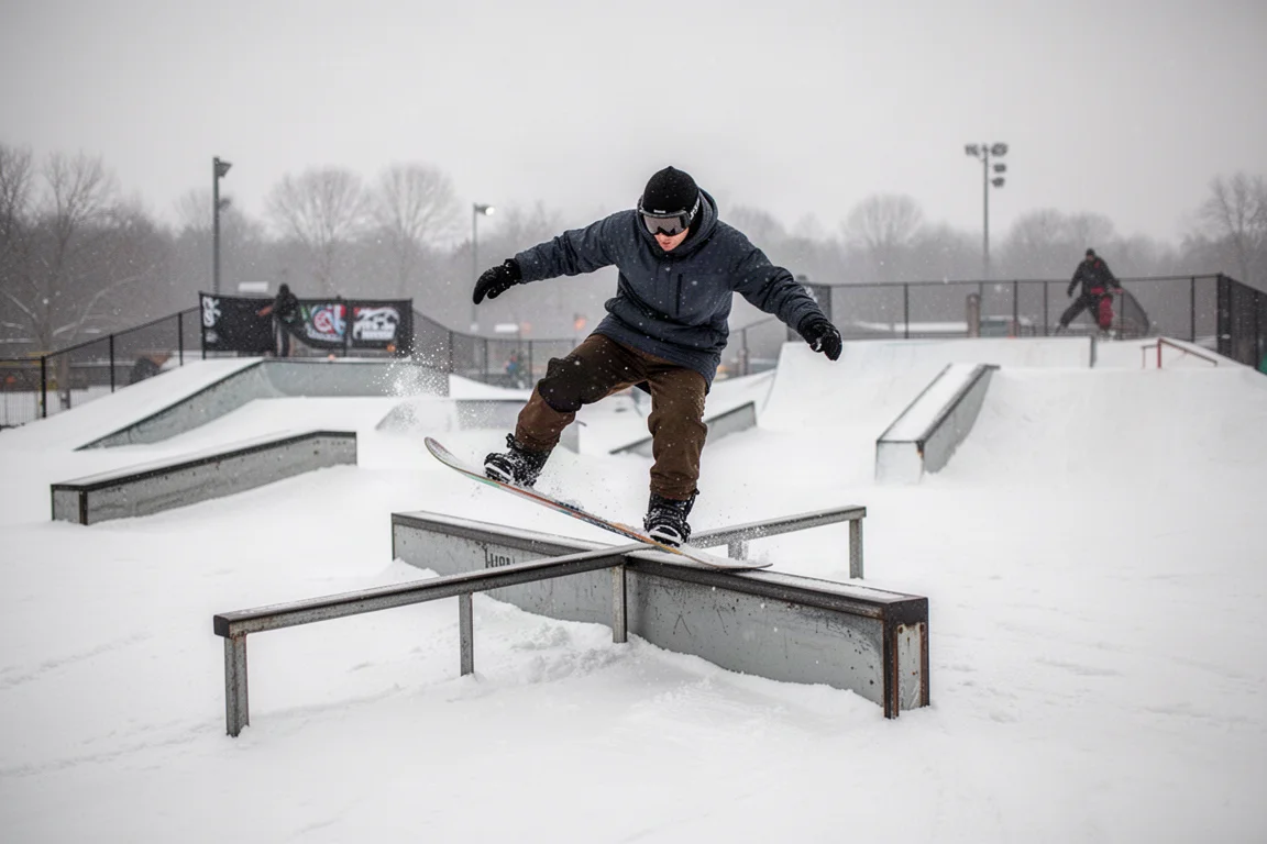 Snowboarder slidet über eine Rail in einem Terrainpark