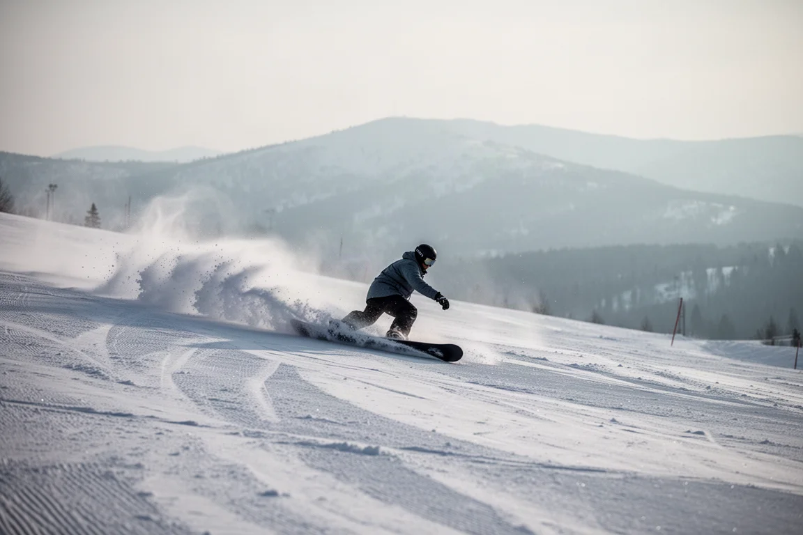 Snowboarder hält eine lange, schnelle Carving-Kurve auf einer breiten präparierten Piste