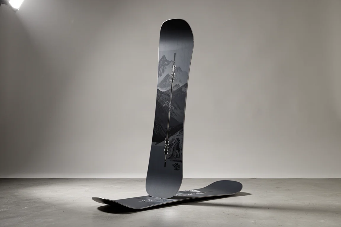 Planche de snowboard Nidecker Score dressée verticalement sur un fond gris de studio