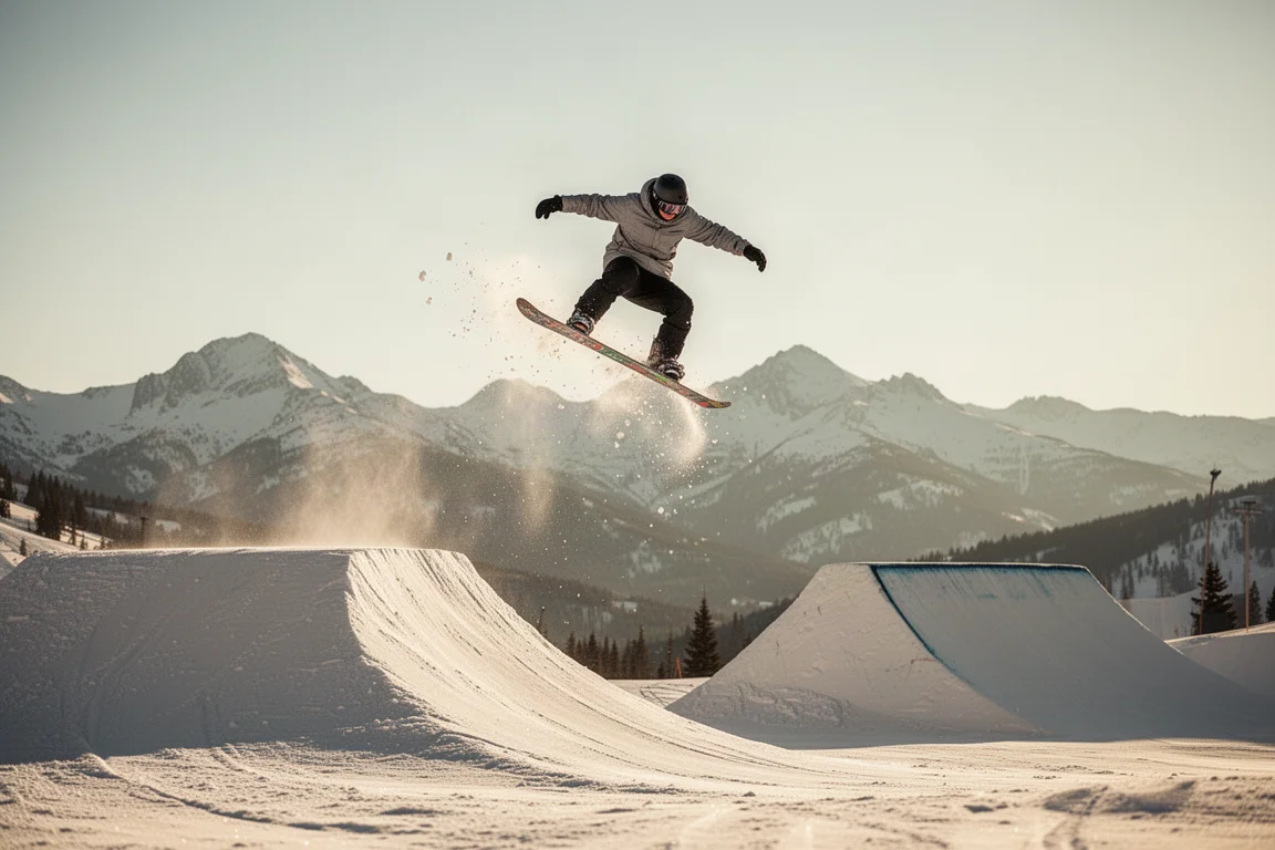 Snowboarder che si lancia da un salto nel park con un backdrop di montagna soleggiata