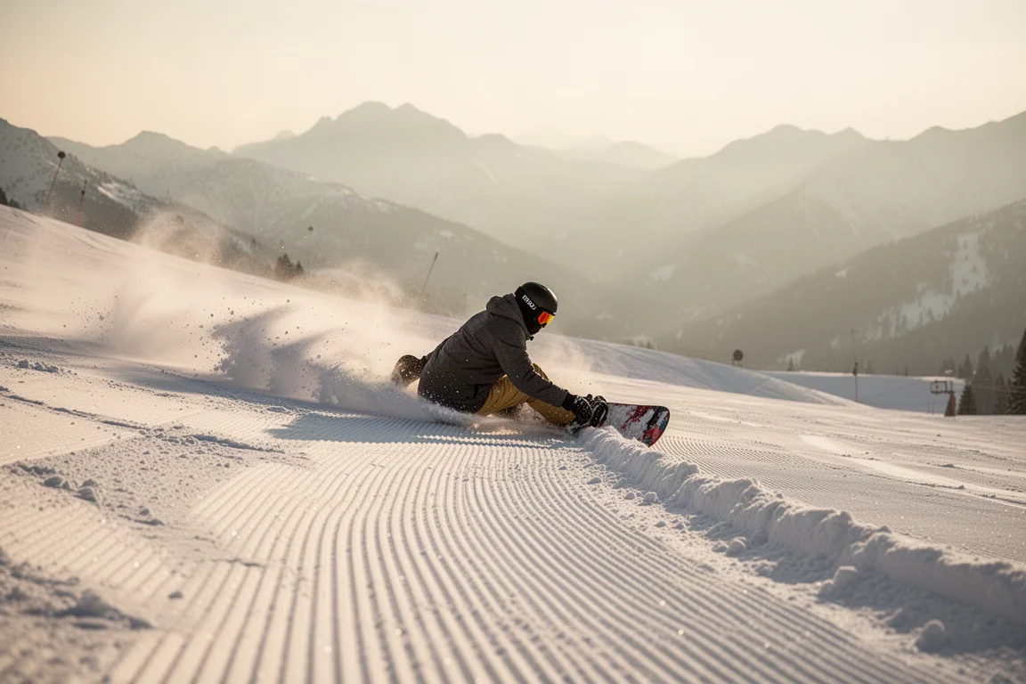 Snowboarder che intaglia un profondo solco in una pista battuta