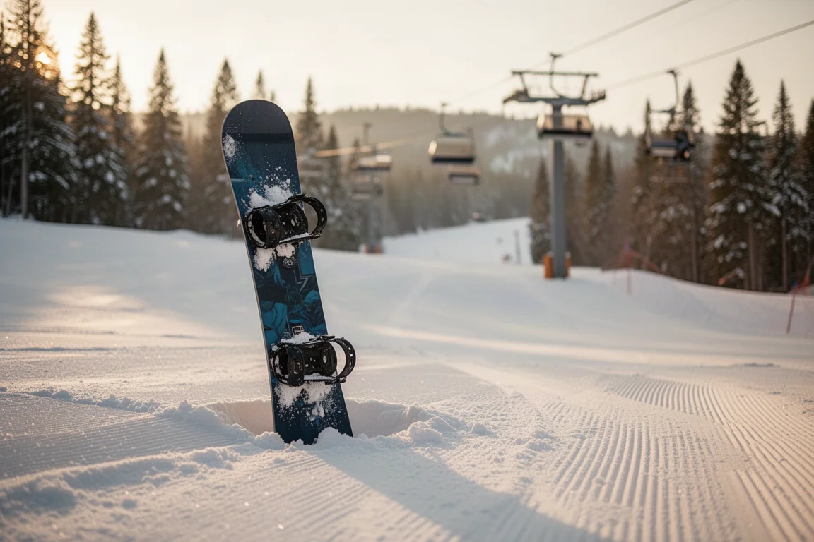 Snowboard parcheggiato nella neve molle di primavera su un fianco di montagna tranquillo