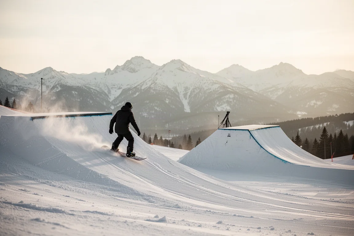 Snowboarder riding toward a park jump on a sunny groomed slope