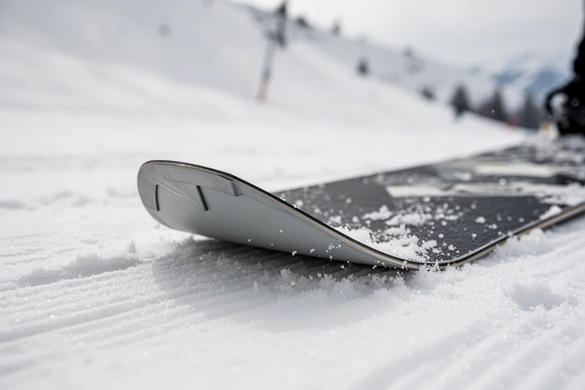 Close-up of snowboard contact point with beveled base edge on snow