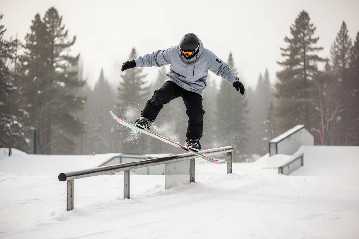 Snowboarder balancing a nose press on a park rail