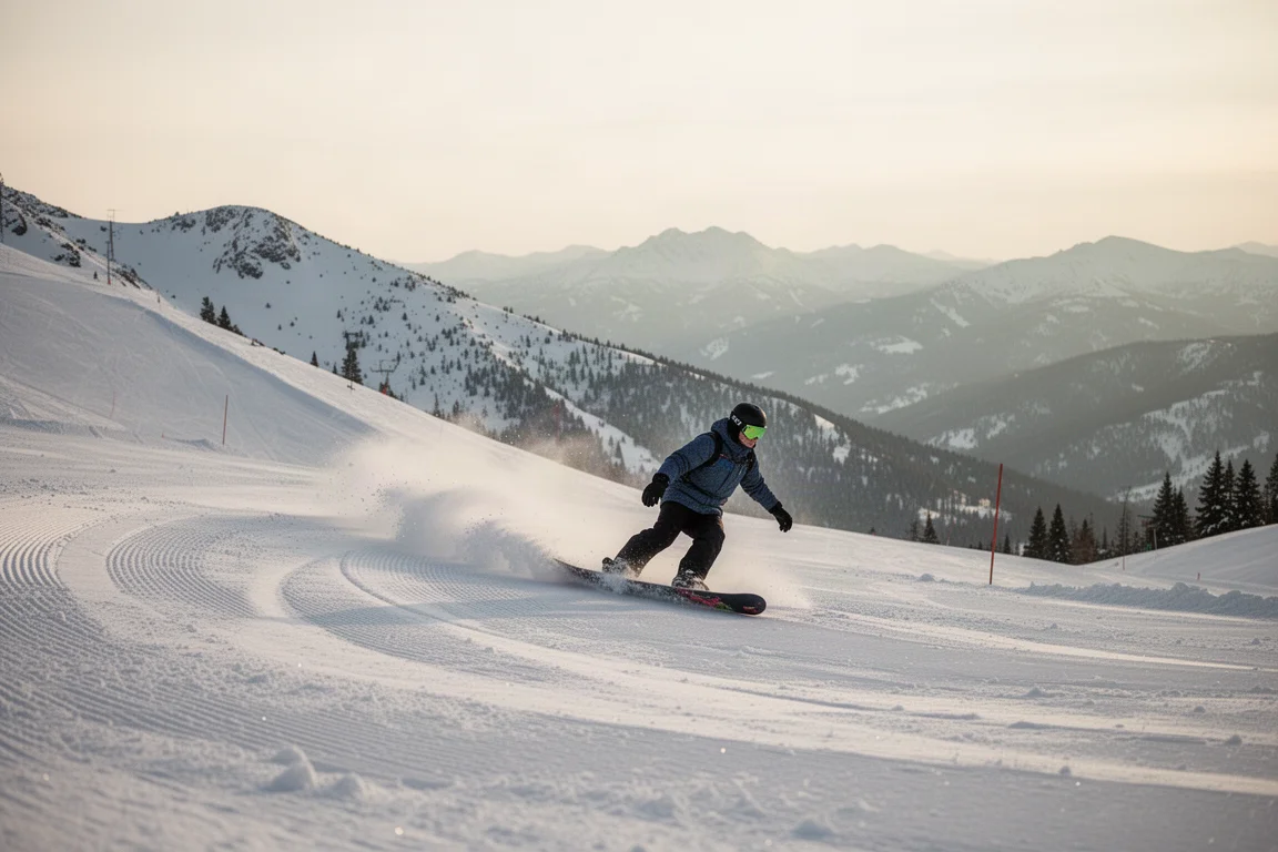 Snowboarder carving a turn at speed on a groomed mountain run