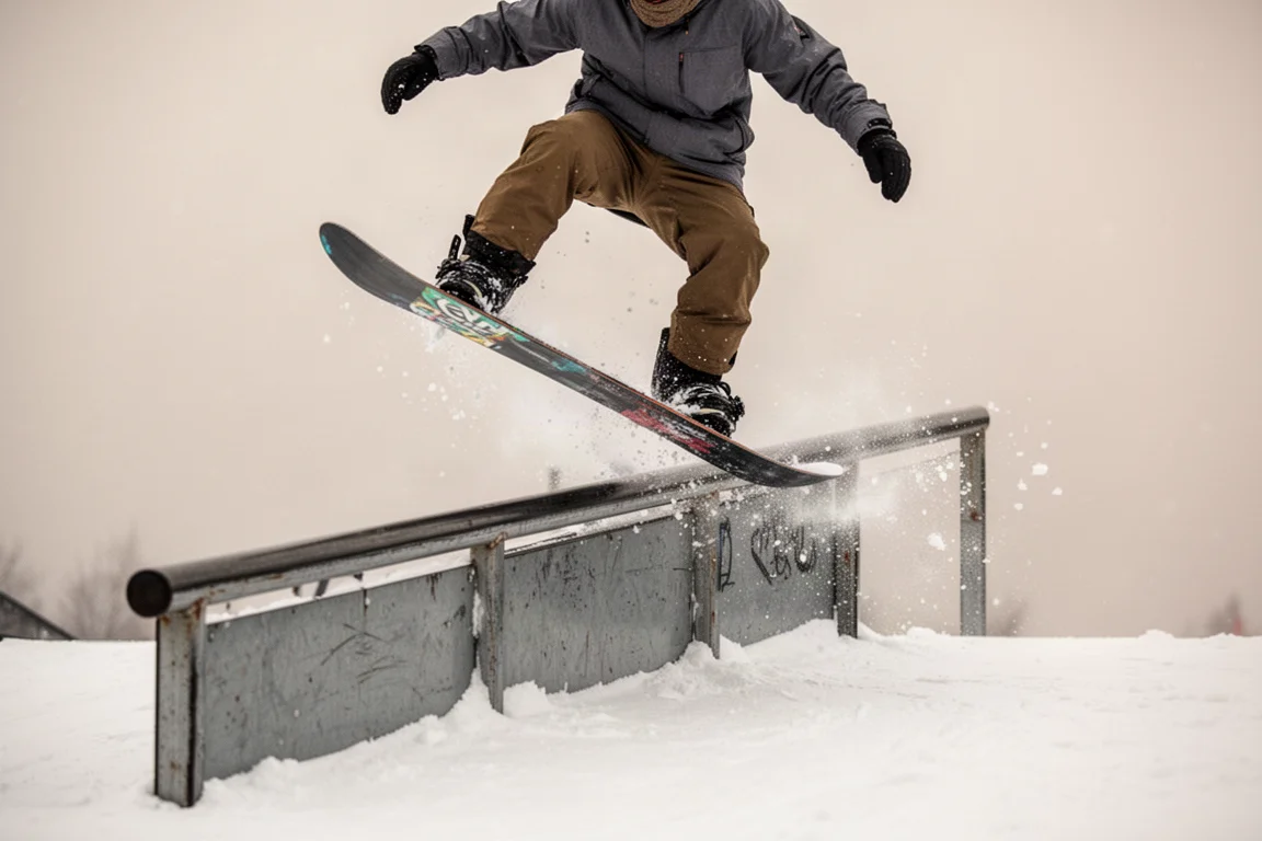 Snowboardåkare som hoppar från ett park jump en solig bluebird-dag