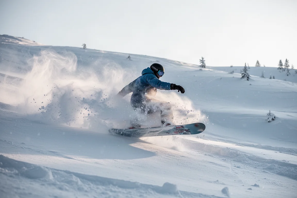 Snowboard som lutar mot en stugvägg en solig eftermiddag på resorten
