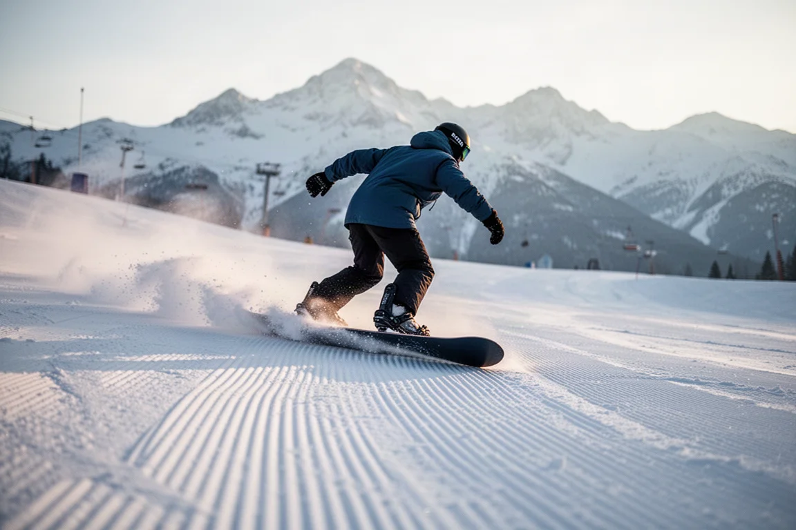 Snowboarder cruising über eine präparierte Piste im sanften Morgenlicht
