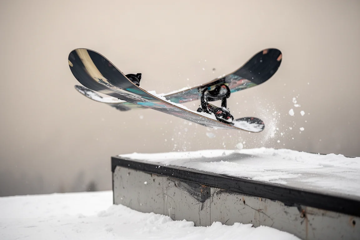 Nahaufnahme eines Snowboard-Tails an einer Park-Rail