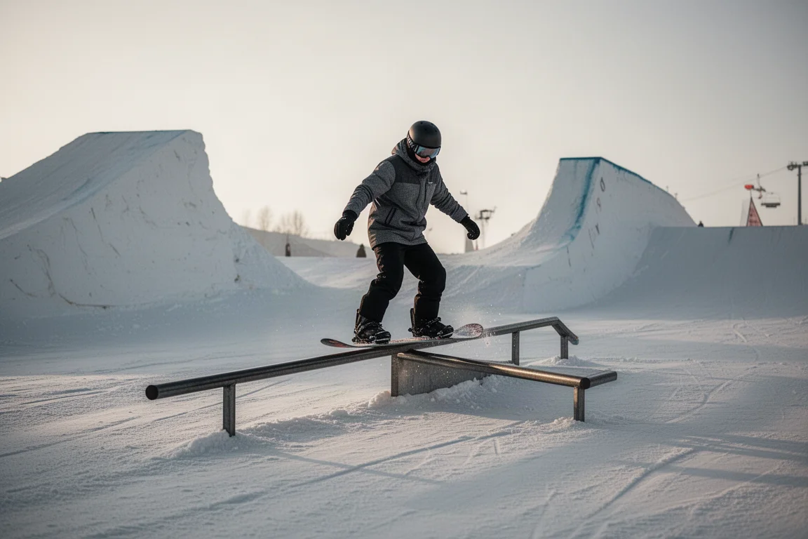 Snowboarder slidet eine Rail im Terrain-Park eines Skigebiets