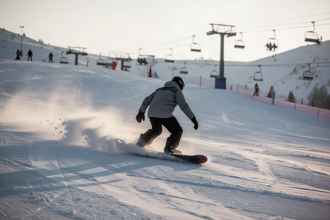 Snowboarder jedzie szeroką, przygotowaną trasą w miękkim świetle popołudniowym
