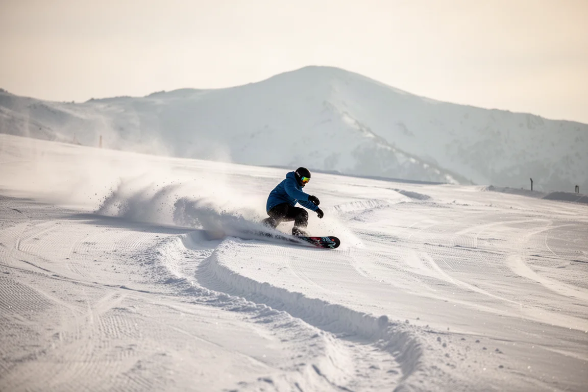 Snowboard wykonujący głęboki carving na przygotowanym stoku