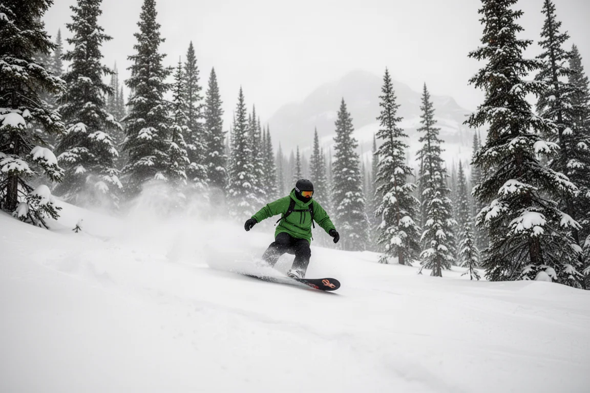 在加拿大洛磯山脈平緩的樹林坡道上轉出粉雪彎