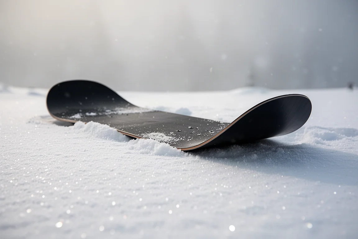 Short stubby snowboard with a large rocker nose resting in deep powder