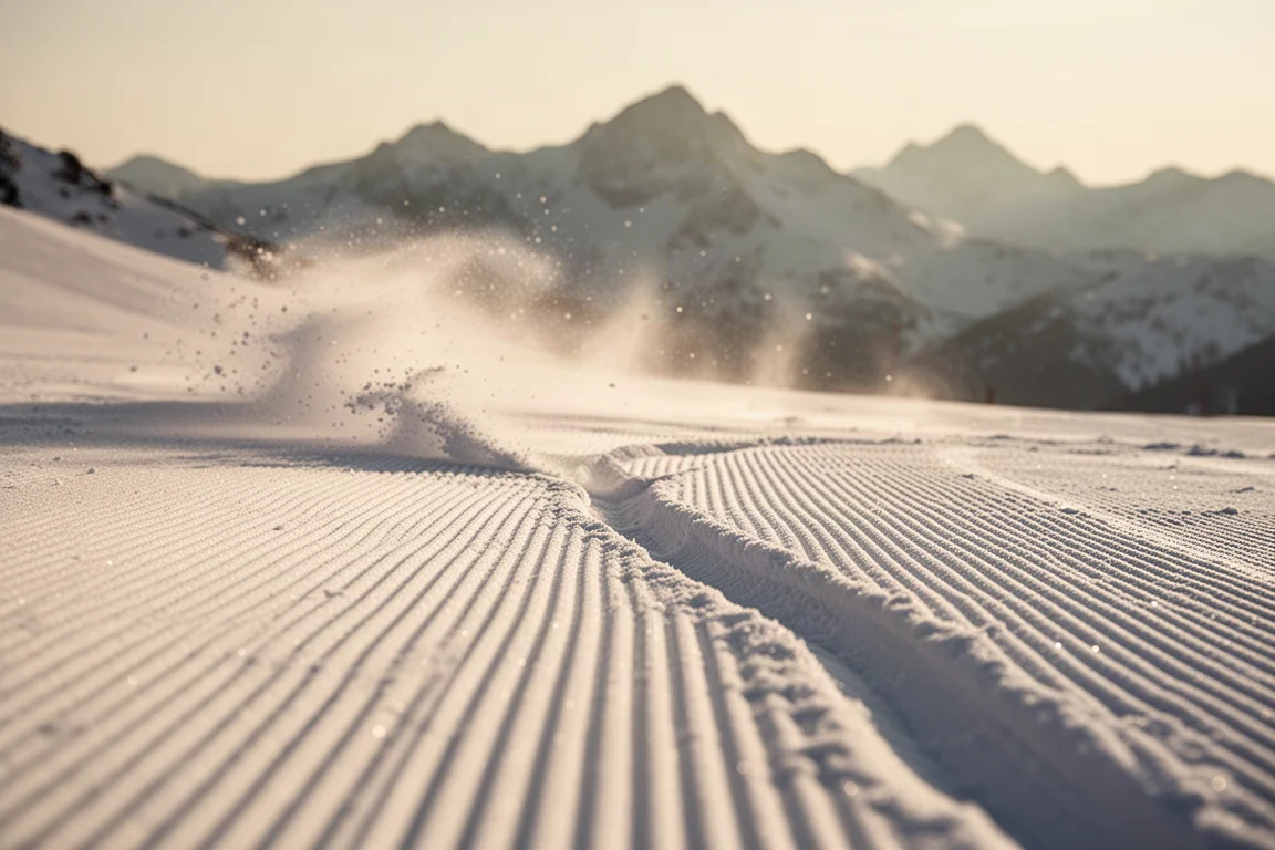 Snowboard carved edge line cutting a turn on a morning groomer