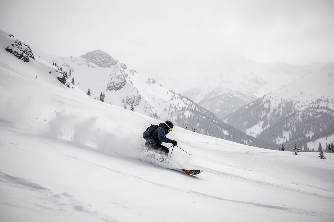 Snowboarder charging a wide open powder bowl with snow spray