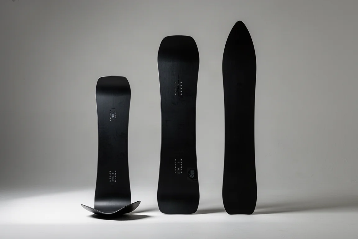 Three Nidecker Snowsurf Quiver snowboards with matte black finish standing upright