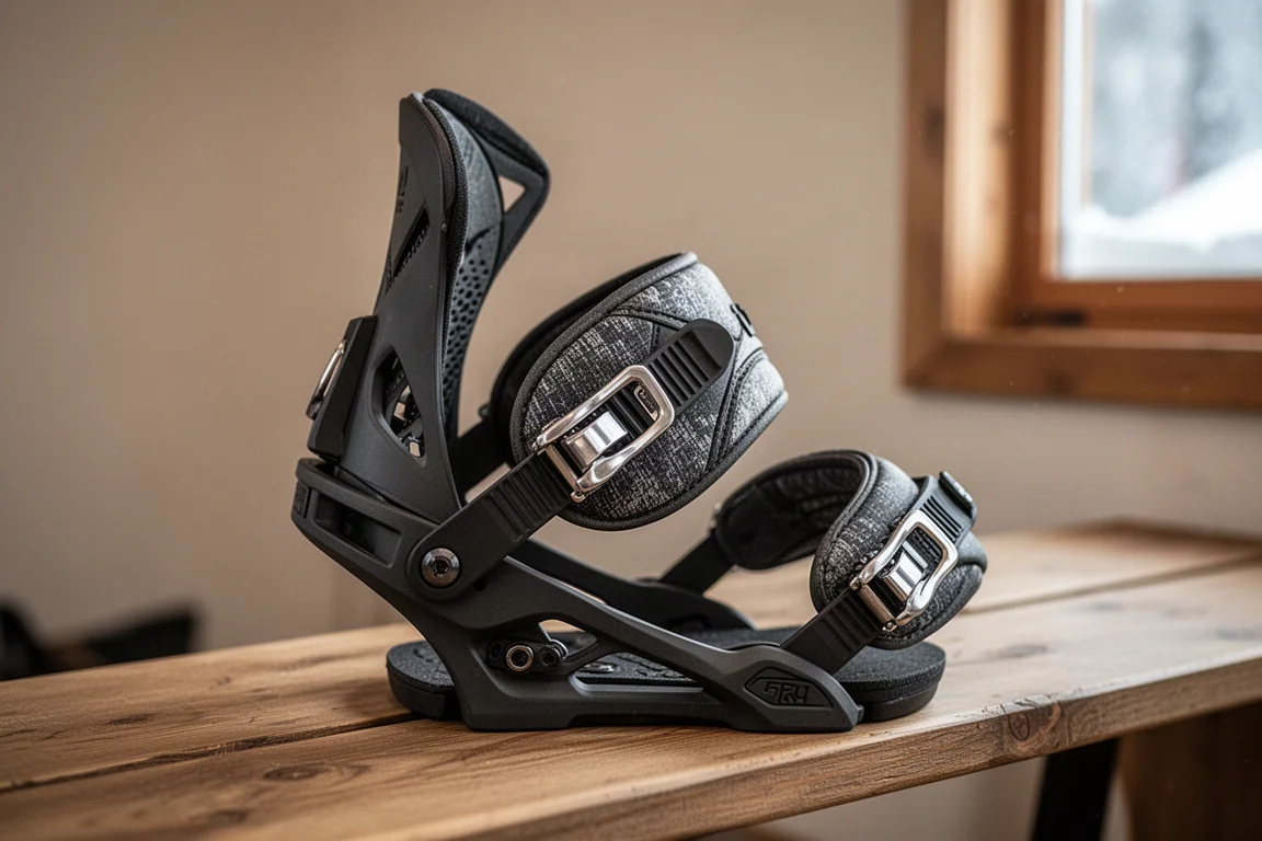 Primer plano del highback plegado hacia delante y de las correas de una fijación de snowboard