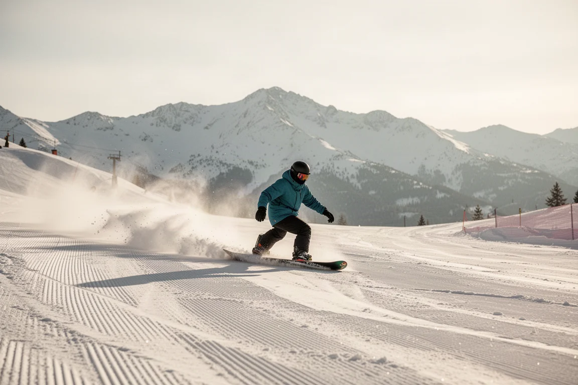 Snowboarder trazando curvas de canto a canto en una pista ancha pisada