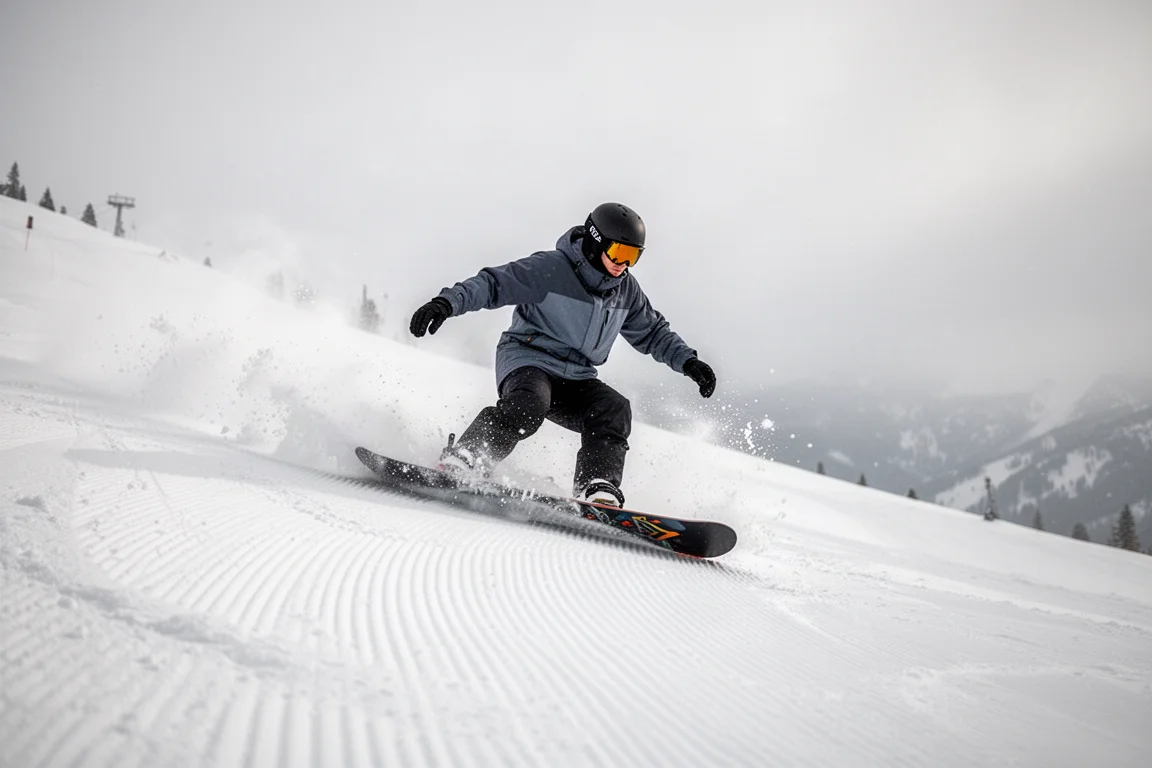 單板在壓雪機整理過的山坡上用力刻滑