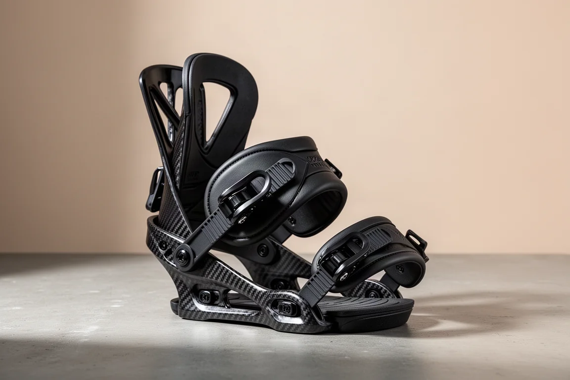 Nidecker Supermatic Carbon 單板滑雪固定器，配有三條束帶，置於混凝土表面