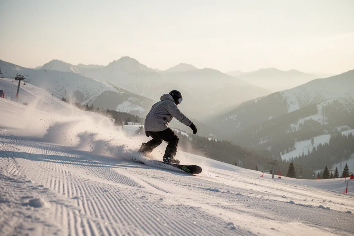 Snowboarder riding a groomed slope in early morning light with fresh edges