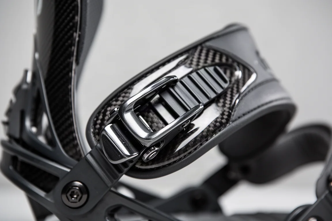 Close-up of a ratchet buckle being tightened on a snowboard binding