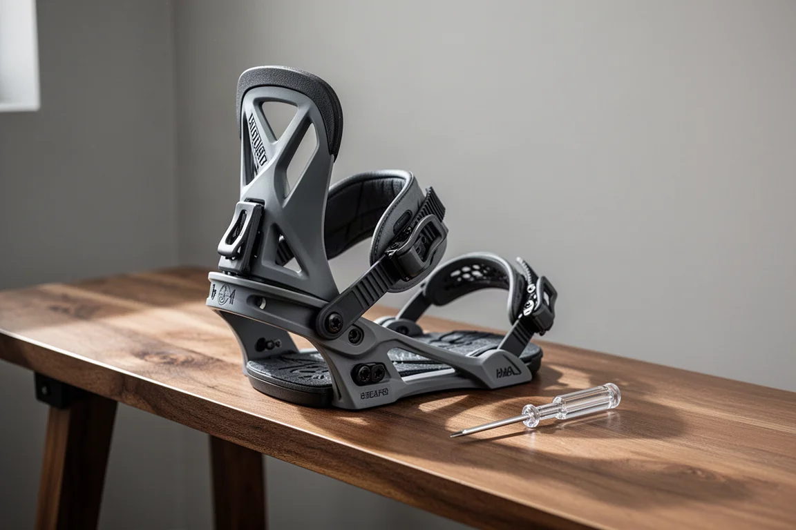 Snowboarder adjusting a binding highback with a small tool on a bench