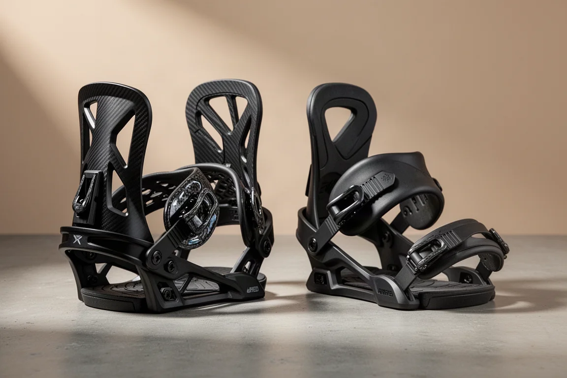Nidecker Supermatic Carbon and Supermatic snowboard bindings side by side