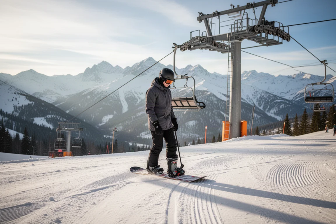 Snowboarder clicking into step-in bindings at the top of a chairlift run