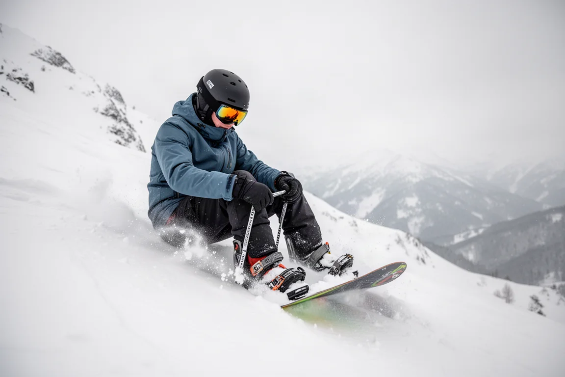 Rider strapping into bindings on a steep slope in deep snow