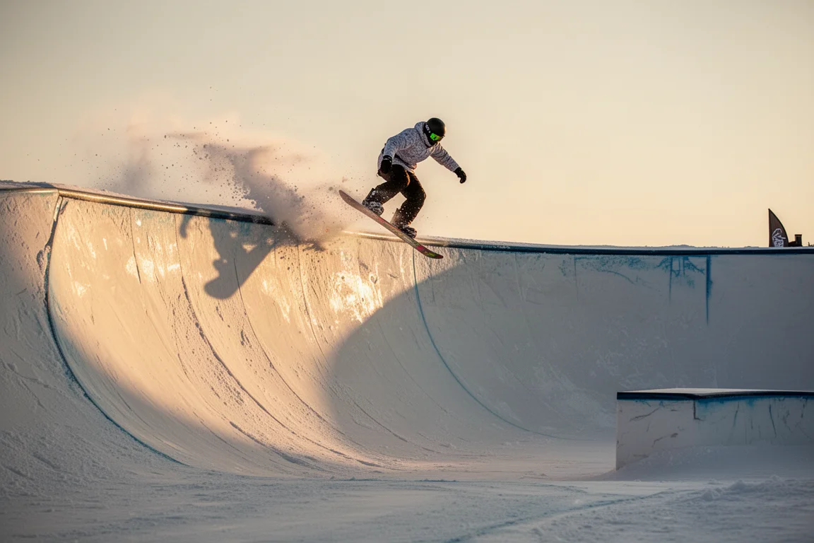 Snowboarder riding through a snowboard park pipe at golden hour