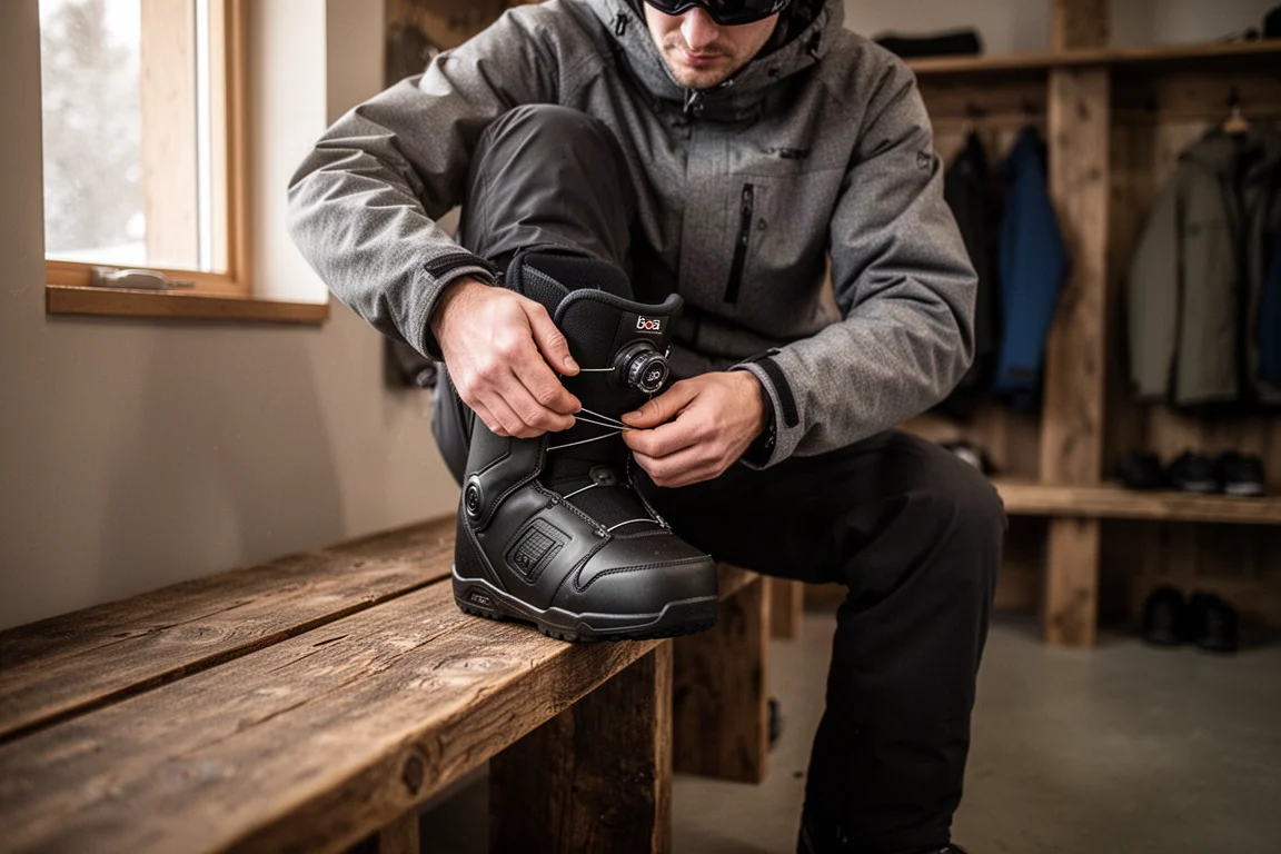 Snowboarder lacing up boots on a wooden bench before a day on the mountain