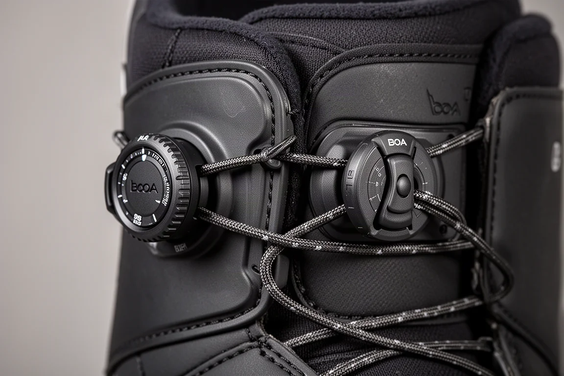 Close-up of a double Boa dial closure system on a snowboard boot