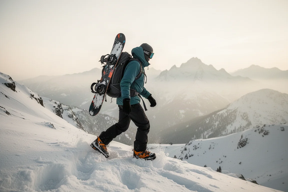 Snowboarder hiking across a snowy ridge with board strapped to a backpack