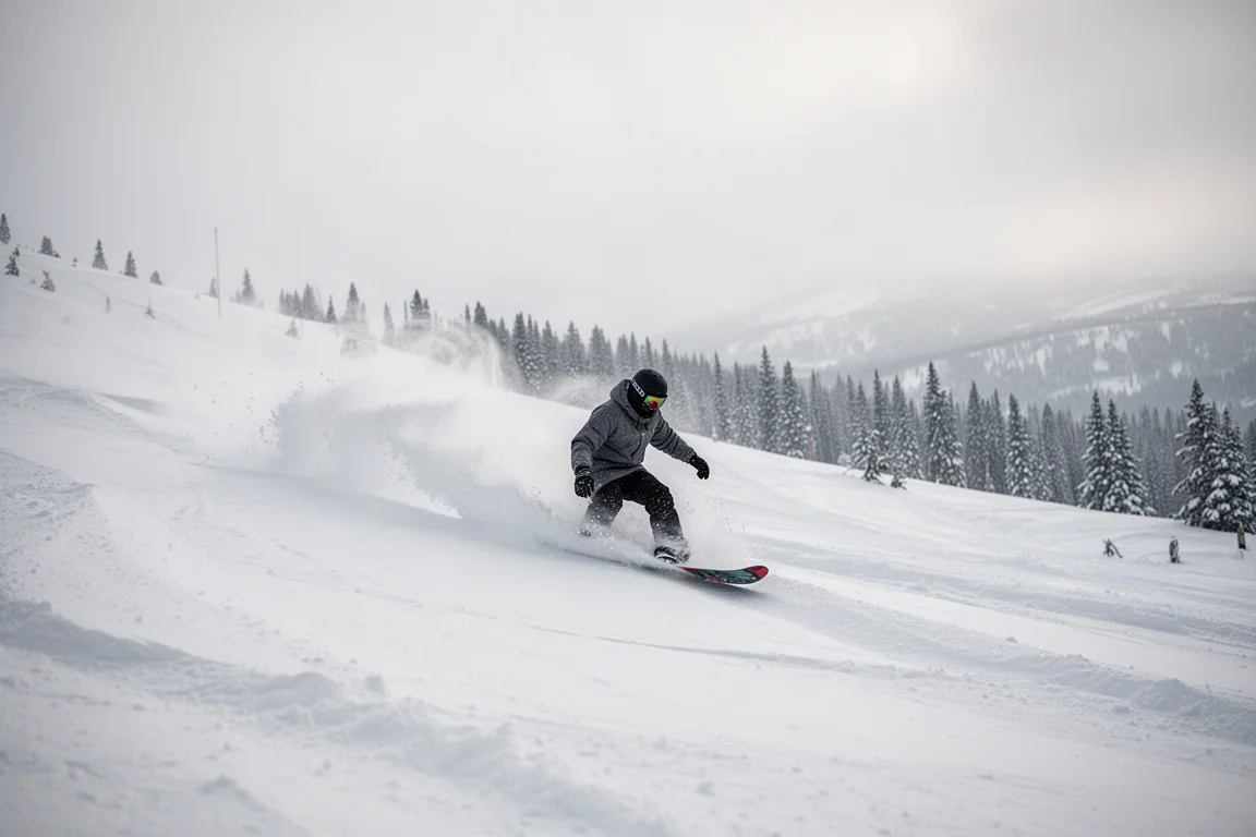 Snowboarder carving through fresh powder on an open mountain face
