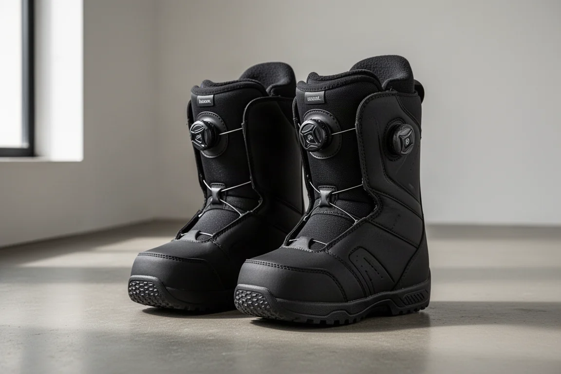 Pair of black Nidecker Tracer snowboard boots with double Boa dials on concrete floor
