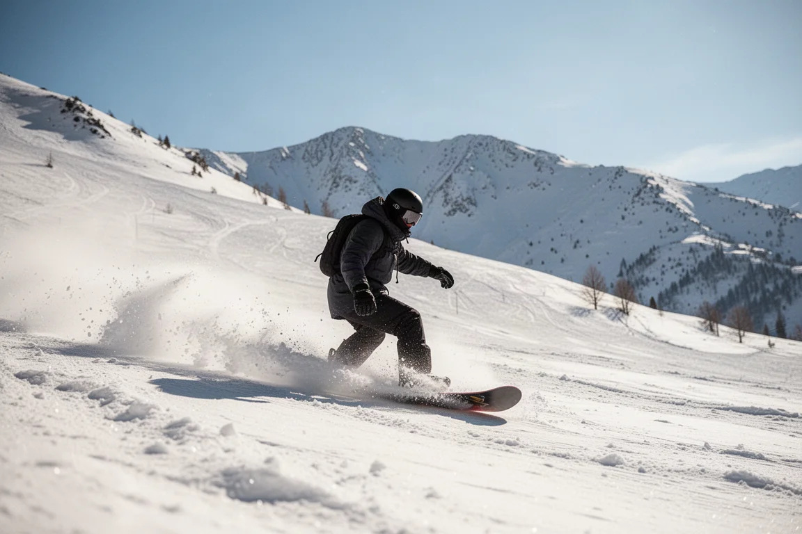 Snowboardista fazendo curvas na neve lamacenta da primavera em uma encosta ensolarada