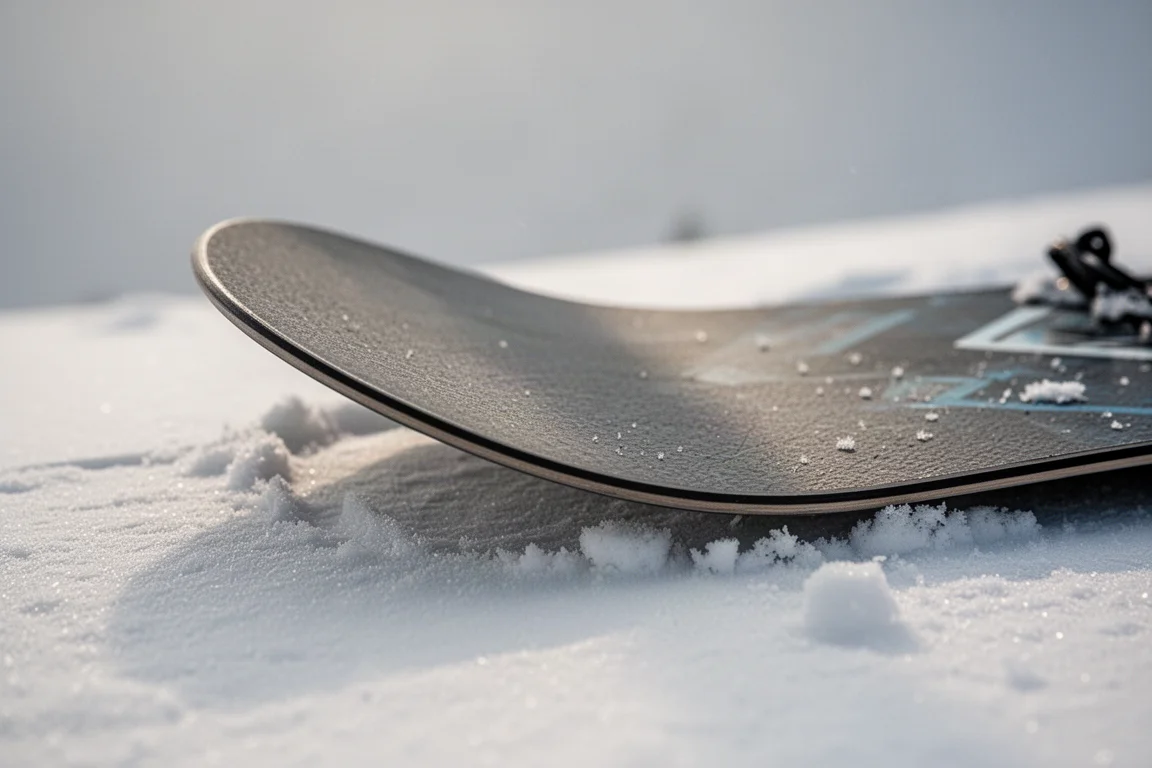 Close-up do nose de uma prancha de snowboard mostrando a curva do rocker na neve fofa
