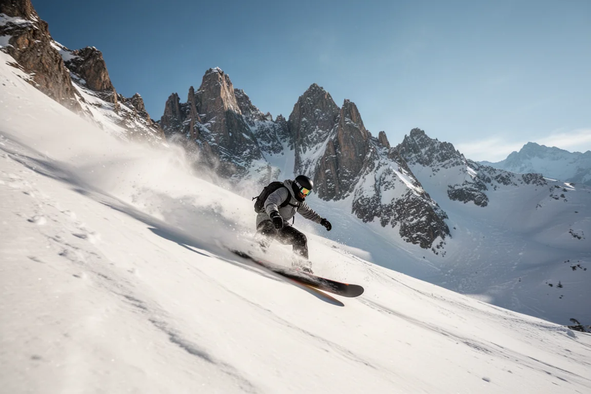 Snowboardista descendo uma linha íngreme de alta montanha com velocidade e curvas amplas