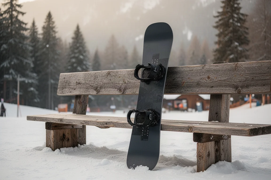 Prancha de snowboard encostada em um banco de madeira na base de uma estação de montanha