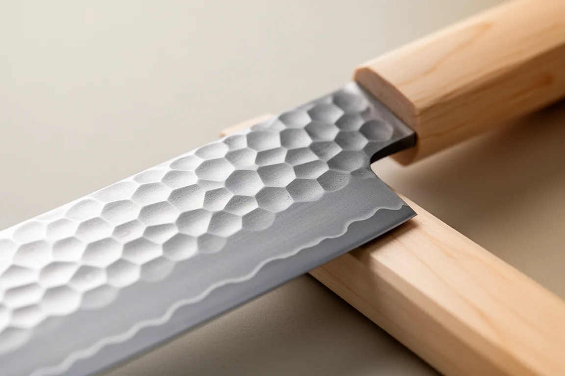 Close-up of a hexagonal textured blade finish on a Japanese kitchen knife
