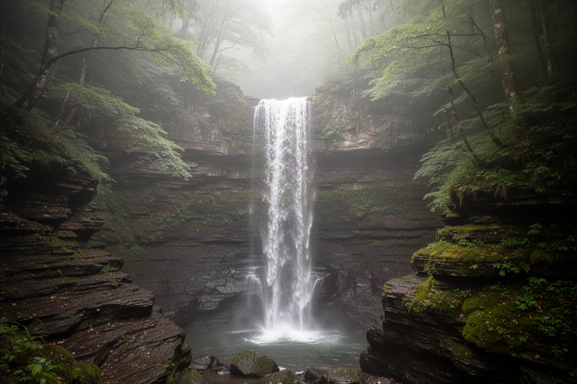 Waterfall cascading over dark rock in a forested Japanese landscape