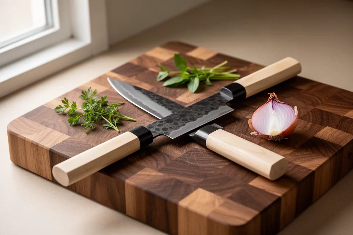 Chef knife resting on a wooden cutting board beside fresh ingredients