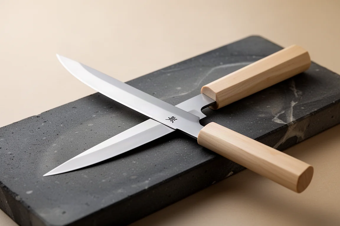 Long slender slicing knife with an upswept tip on a dark stone surface