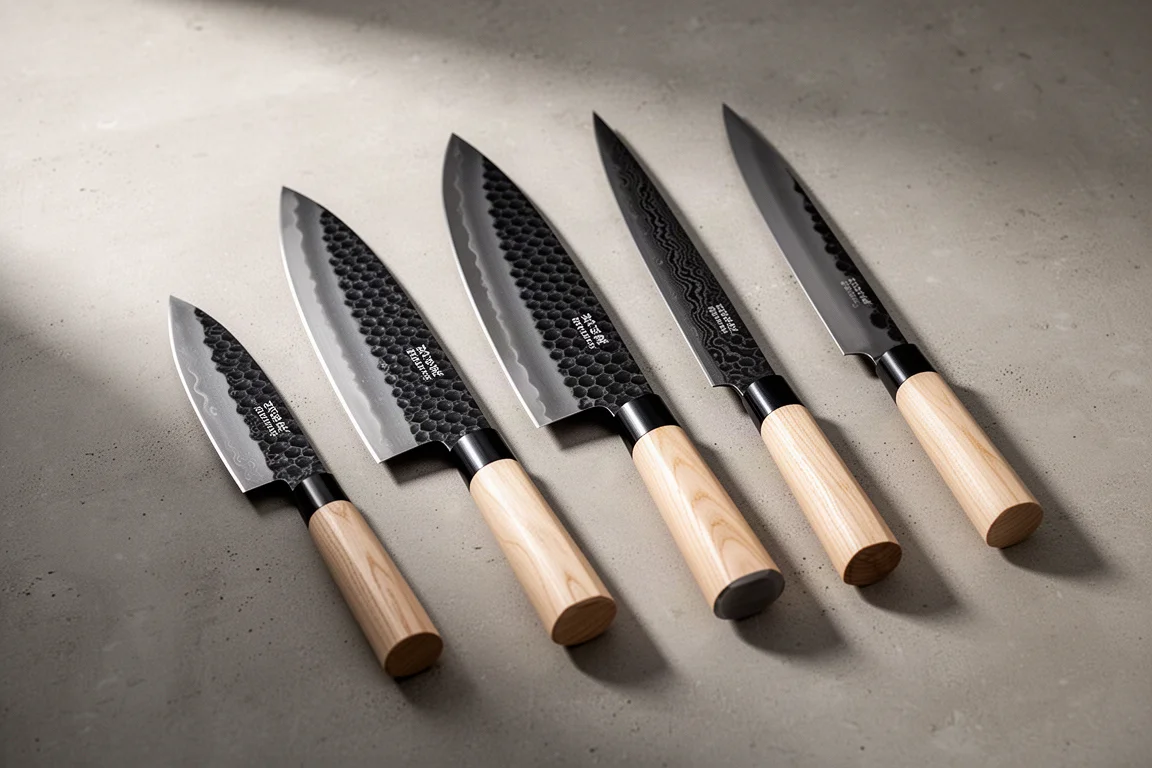 Lineup of five Japanese kitchen knives with maple handles on a concrete surface