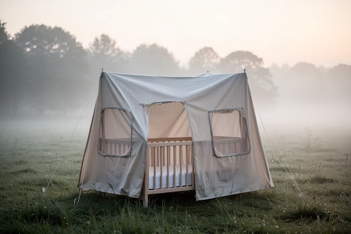 Lit-tente dressé sur un camping brumeux au bord d'un lac au petit matin, montagnes en arrière-plan
